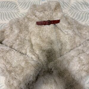 Anthropologie Cream Teddy Jacket with Red Buckle